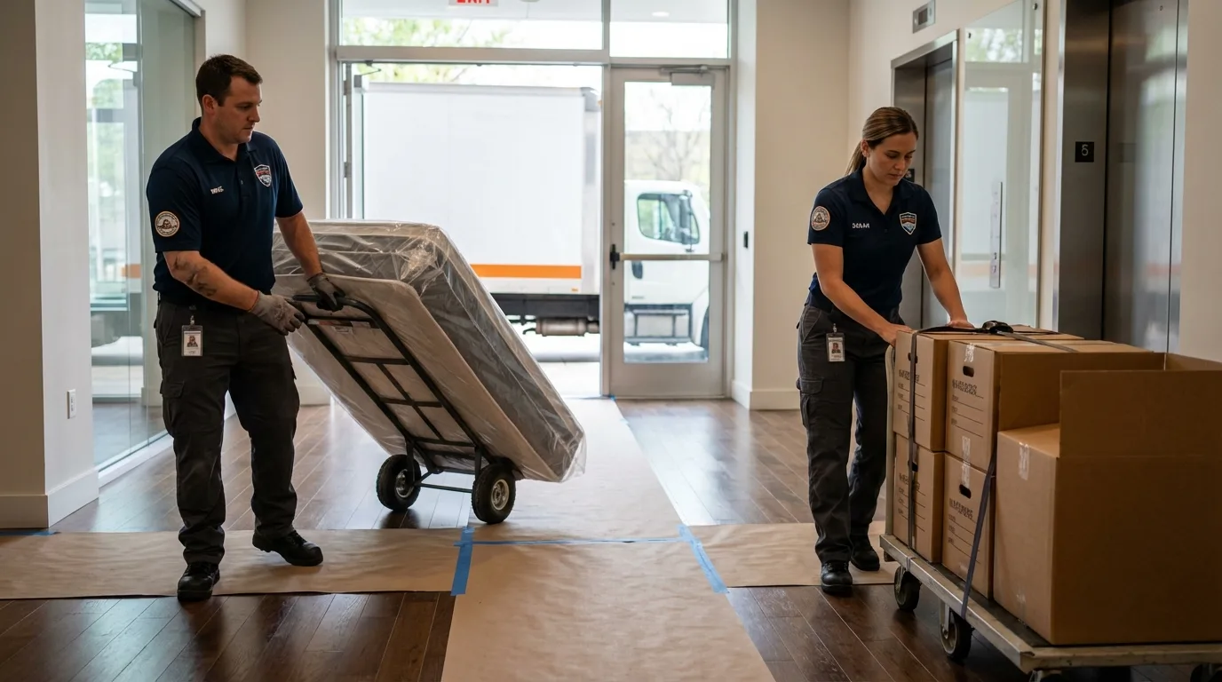Professional apartment movers loading elevator in Dawson Springs, KY