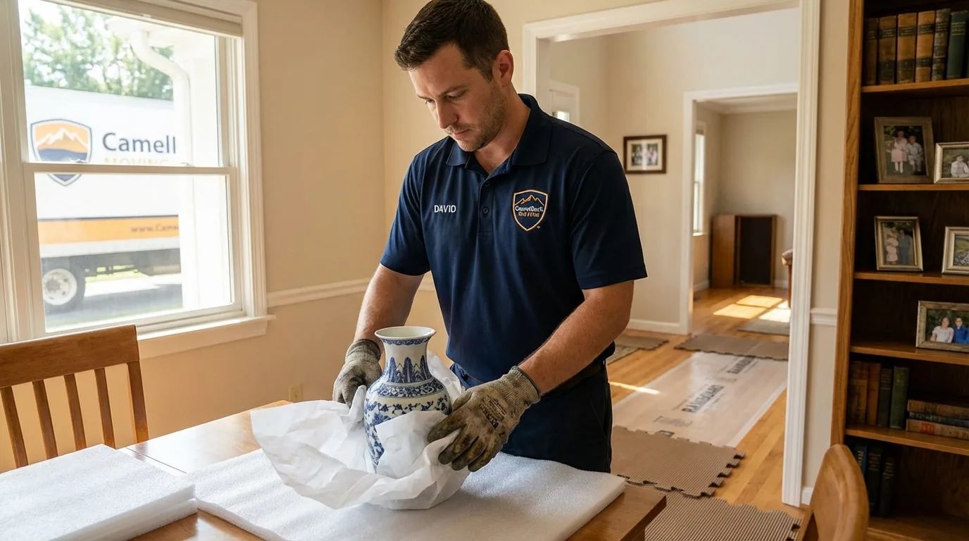 Professional crew carefully wrapping antique vase for senior downsizing move in Dawson Springs, KY